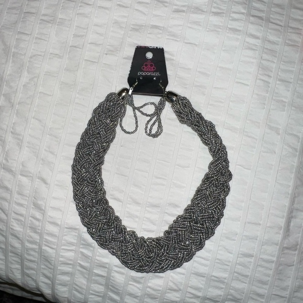 New grey and silver thick beaded braided necklace and earrings Paparazzi
